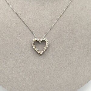 Sterling Silver Heart Pendant Necklace CZ Stones On Delicate Chain 18 Inches